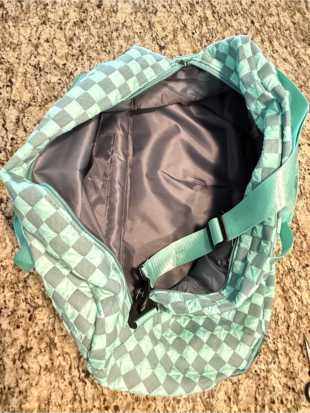 Checkered duffle bag teal gray travel gym school multi pockets - Picture 12 of 15